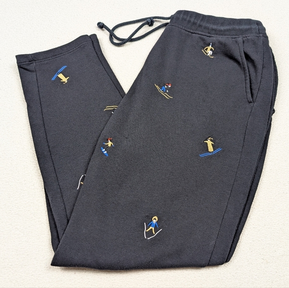 Loft Lou Grey Embroidered Skier Terry Sweatpants Medium Black Cotton Drawstring - Picture 1 of 16
